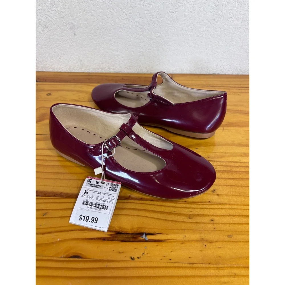 Zara Mary Jane Shoes Kids 35 Burgundy Patent T-Strap Buckle New Holiday School